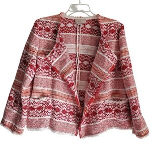 LOFT Jacket Women 14 Red White Tweed Stripe Fringe Open Front Pockets Collarless